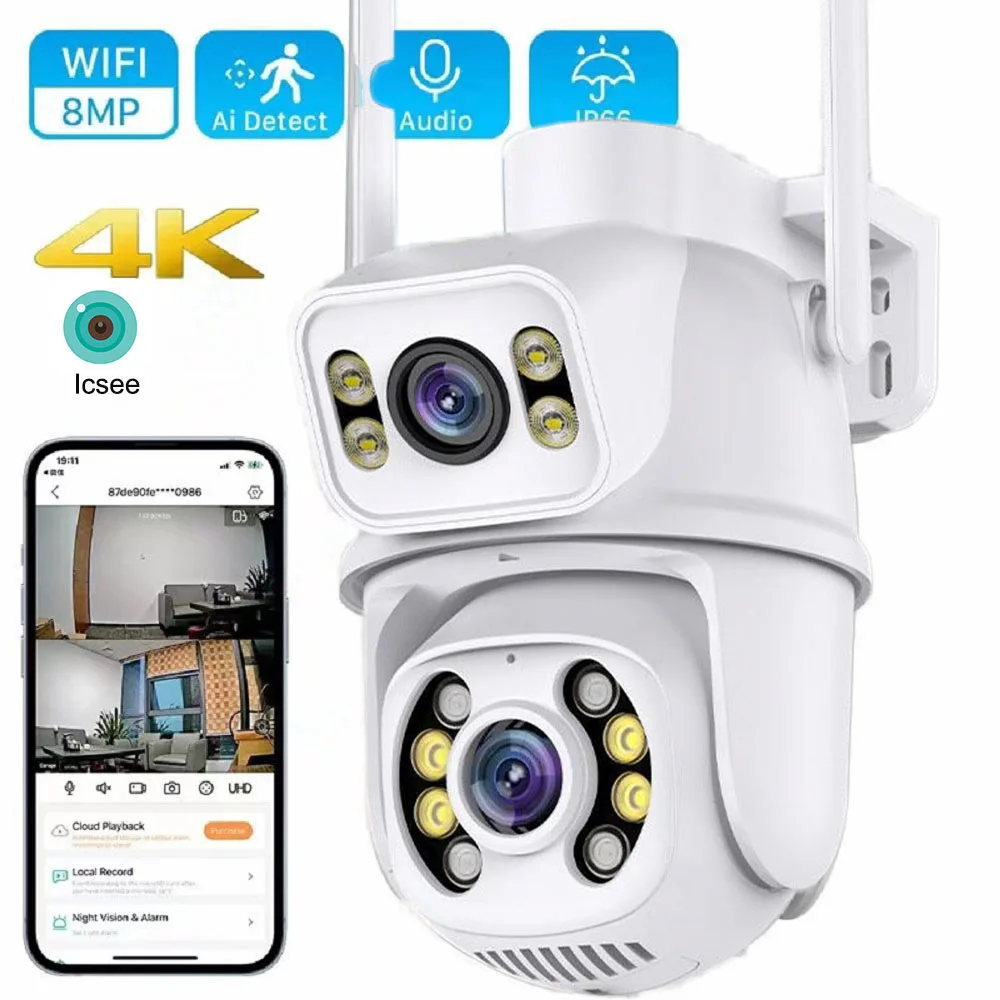 Uzoom 4K 8MP PTZ Wifi Outdoor Security Camera Dual Lens AI Human Detection Wireless IP CCTV with Dual Screens Icsee