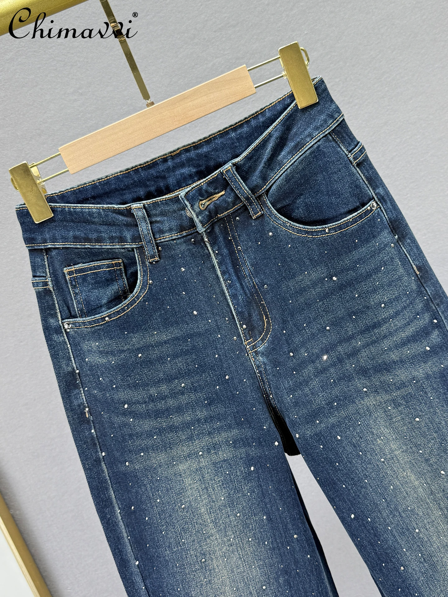 Heavy Rhinestone Jeans Women Straight-leg Pants 2025 Autumn New Fashion High-waisted Loose Slim European Extended Length Pants