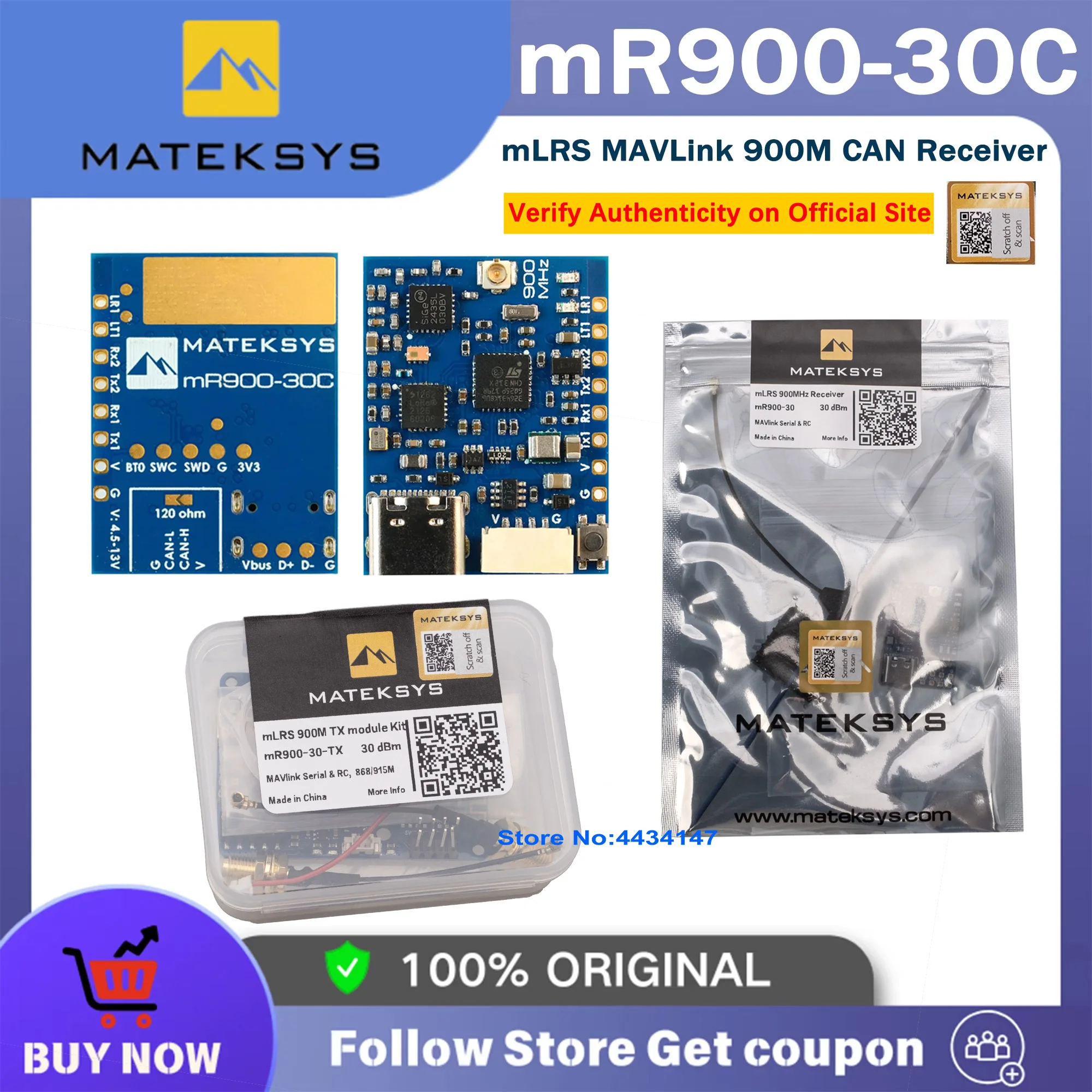 Mateksys mR900-30C mLRS MAVLink 900MHz CAN Receiver Long Range 30dBm RC Radio Receiver for FPV RC Fixed Wing Multi-rotor Drone‌