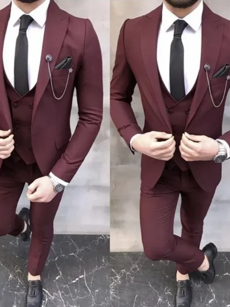 

3PcsBurgundy Blazer Trousers Stylish Men Suits Formal Wedding Suit Slim Fit Groom Tuxedo Business Formal Wear Jacket+Pants+Vest