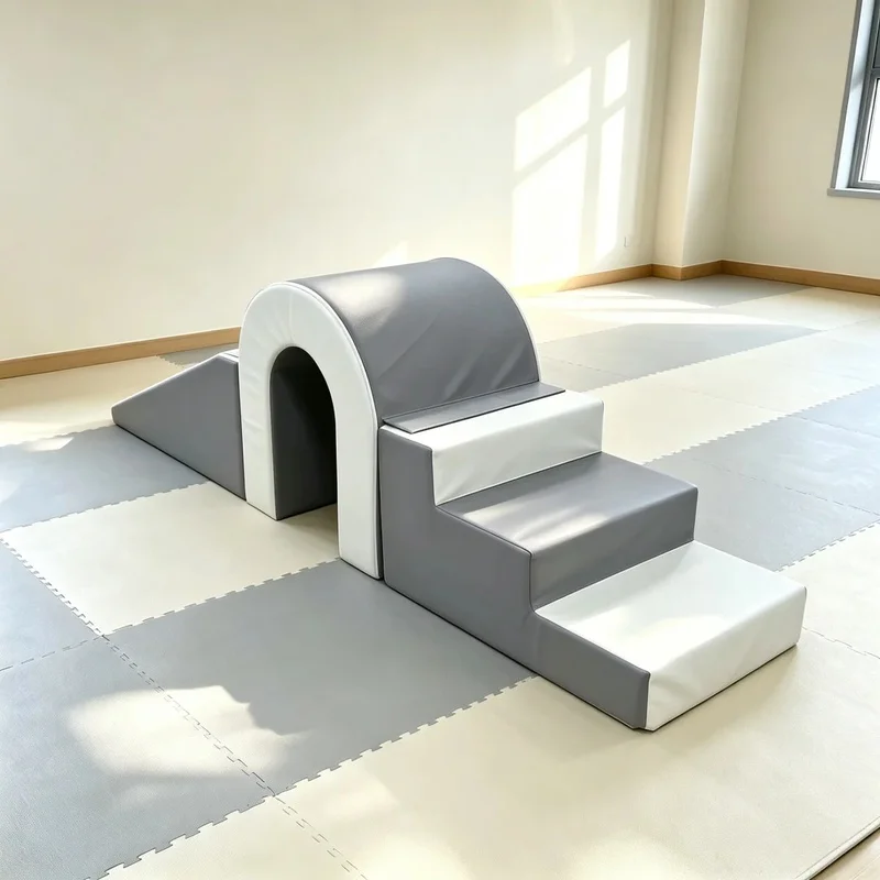 White Grey Pastel Soft Play Tunnel Bridge Set, Waterproof Vinyl Soft Play Equipment for Baby Toddler Kids Indoor Playground