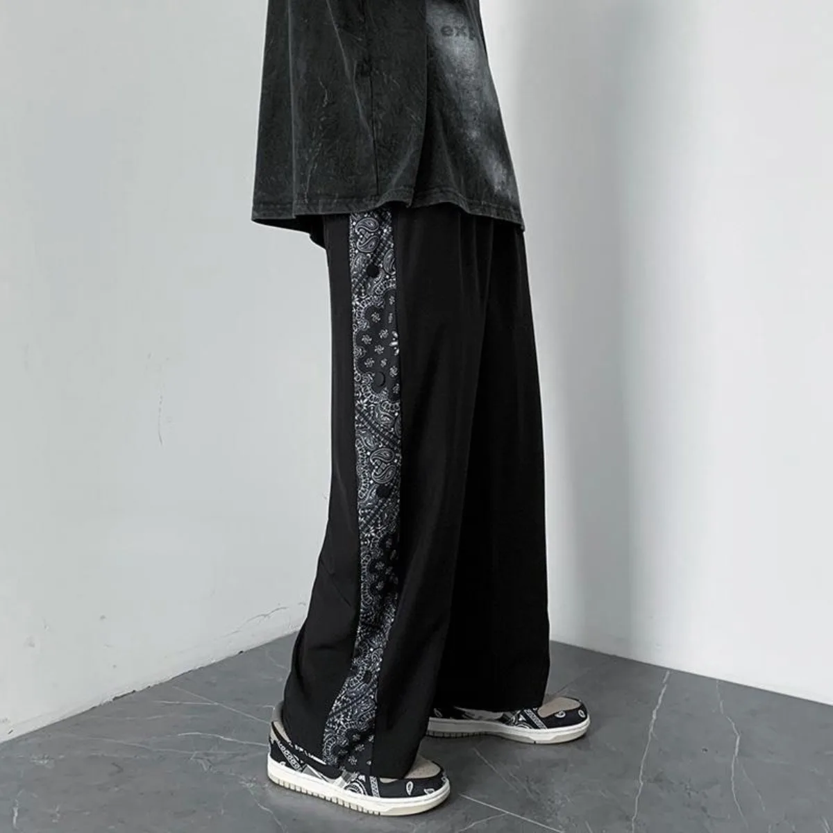 

Classic in Spring Summer Men's Casual Pants Black Drawstring Straight Wide Leg Trouser Male Trendy Baggy Fashion Loose Fit