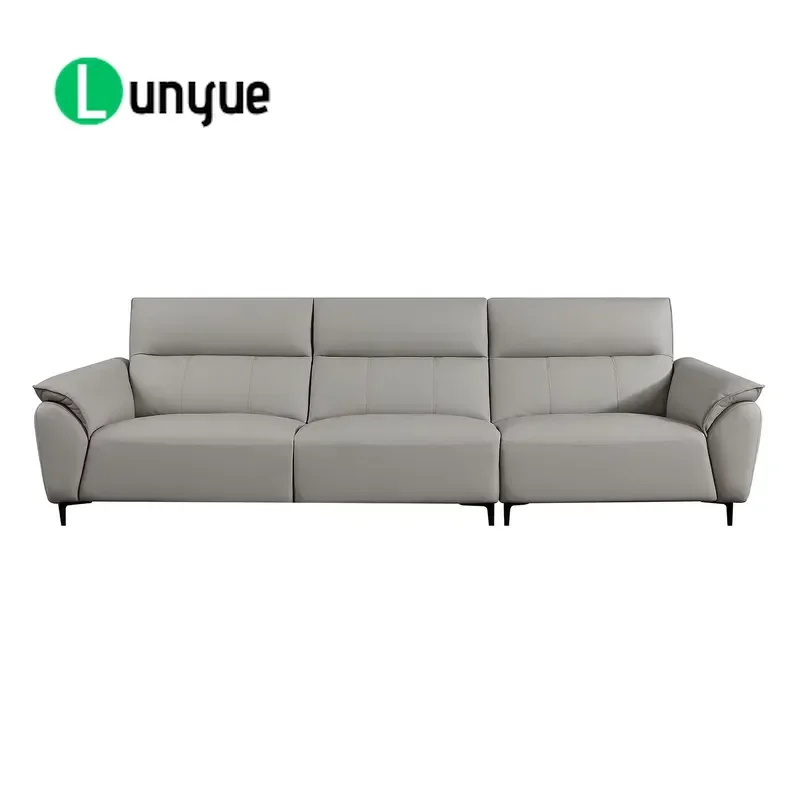 Light Grey Genuine Leather 3 Seater Business Sofa with Lumbar Support Headrest Metal Legs for Apartment Hotel Office Living