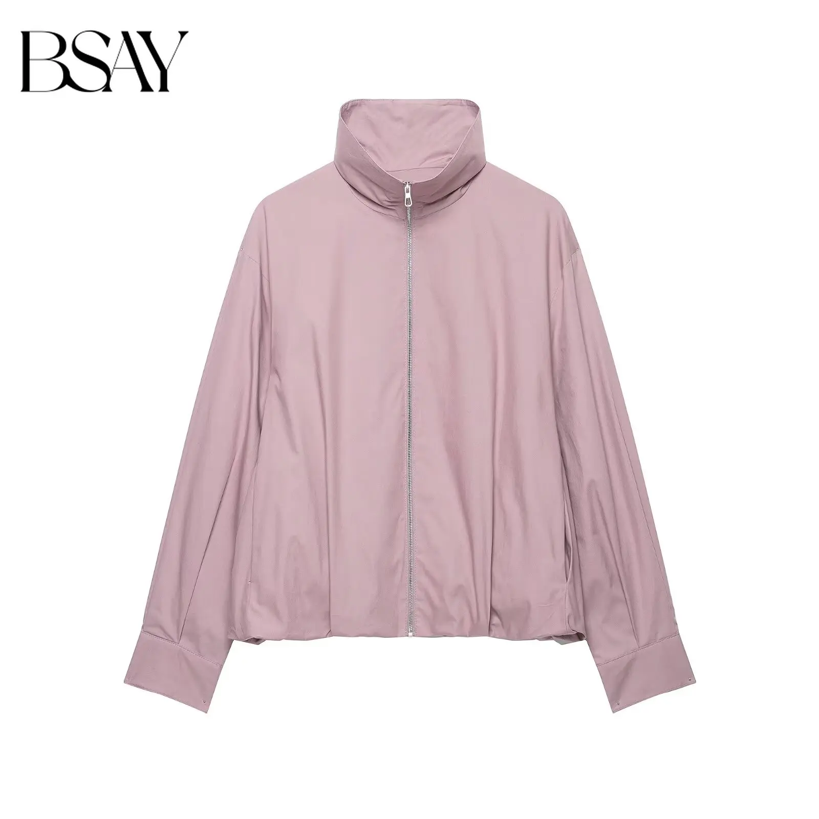 BSAY Autumn Korean Lazy Women Stand Collar Zip Up Cropped Jacket Turn Up Cuff Drop Shoulder Loose Streetwear Casual Outerwear