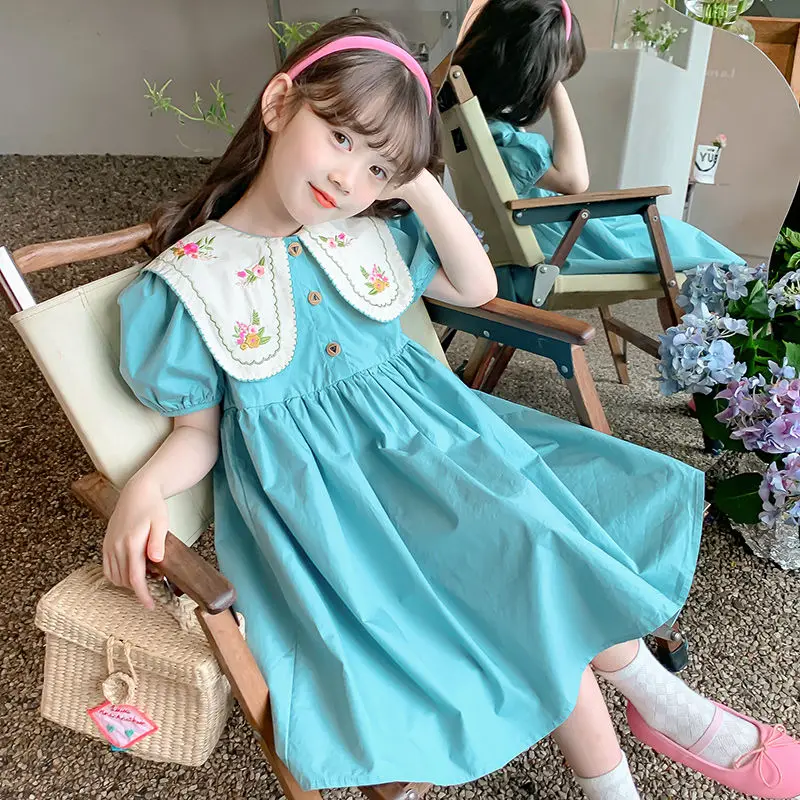 

Children Embroidery Girls Retro Kids Doll collar Short Sleeve Flowers Princess Dresses Baby Cotton A-Line Sweet Skirts Clothes