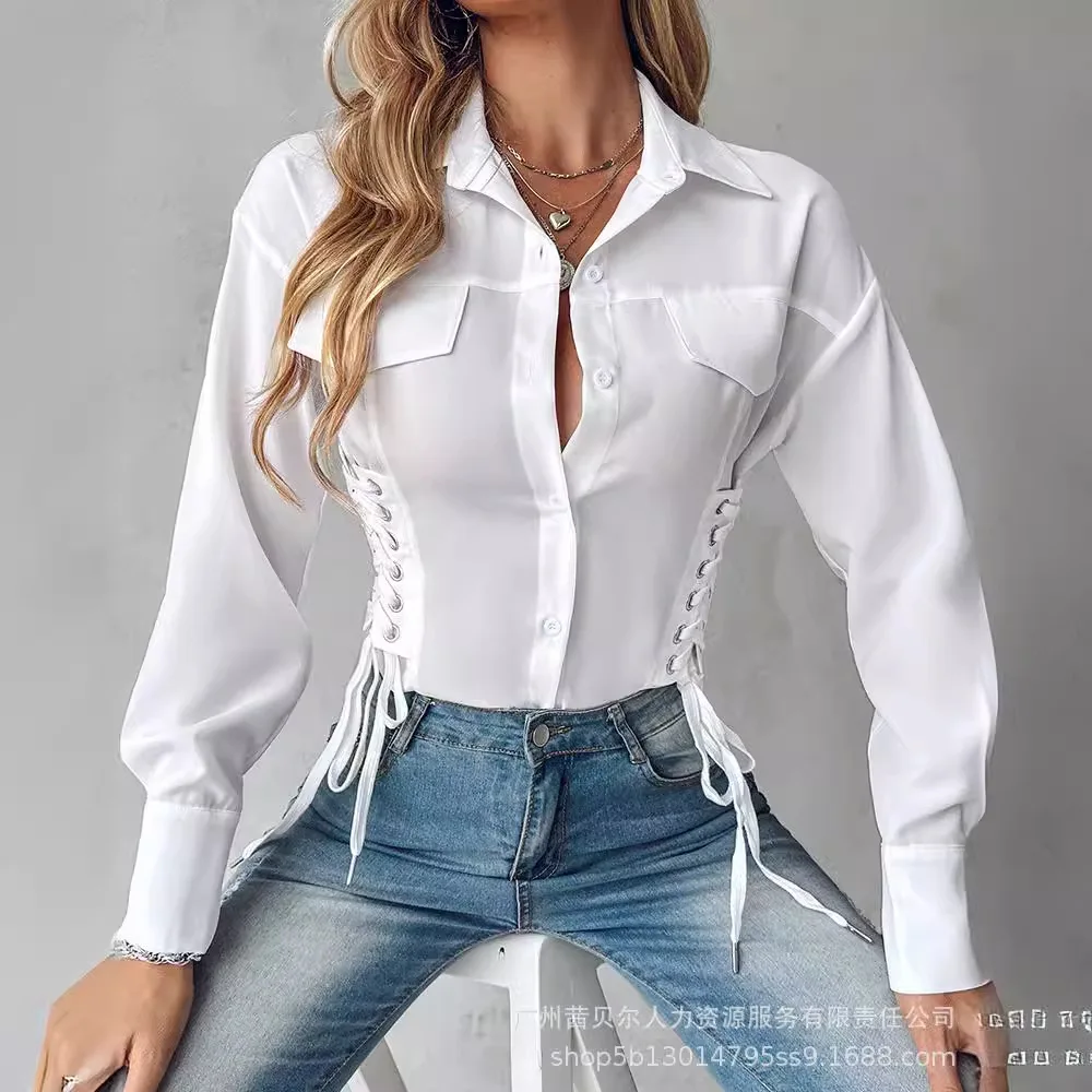 

Spring And Summer Women's Clothing New Design Sense Side Strap Design Slim White Shirt Lapel Long Sleeve Solid Color Sexy Single