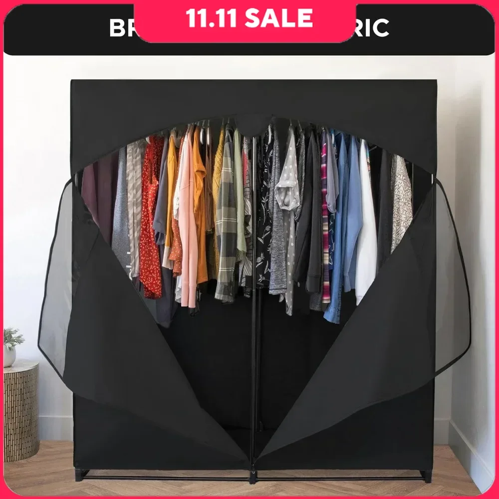 Portable Wardrobe Closet,Large Premium Heavy Duty Metal Hanging Rod with Black Cover- 50 Lb. Weight Capacity-Super Clothing Rack