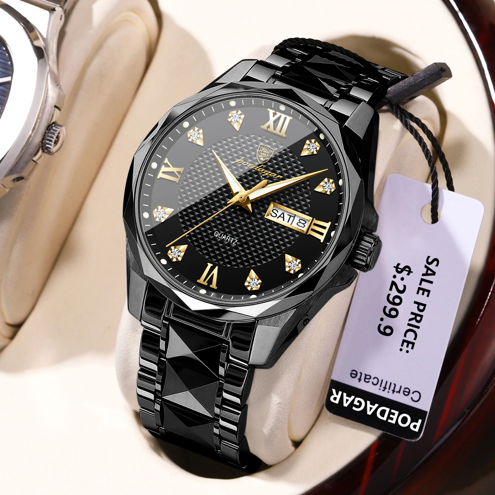 POEDAGAR Men's Watches Classic Black Original Quartz Watch for Man Date Week Waterproof Stainless Steel Luminous Wristwatch New