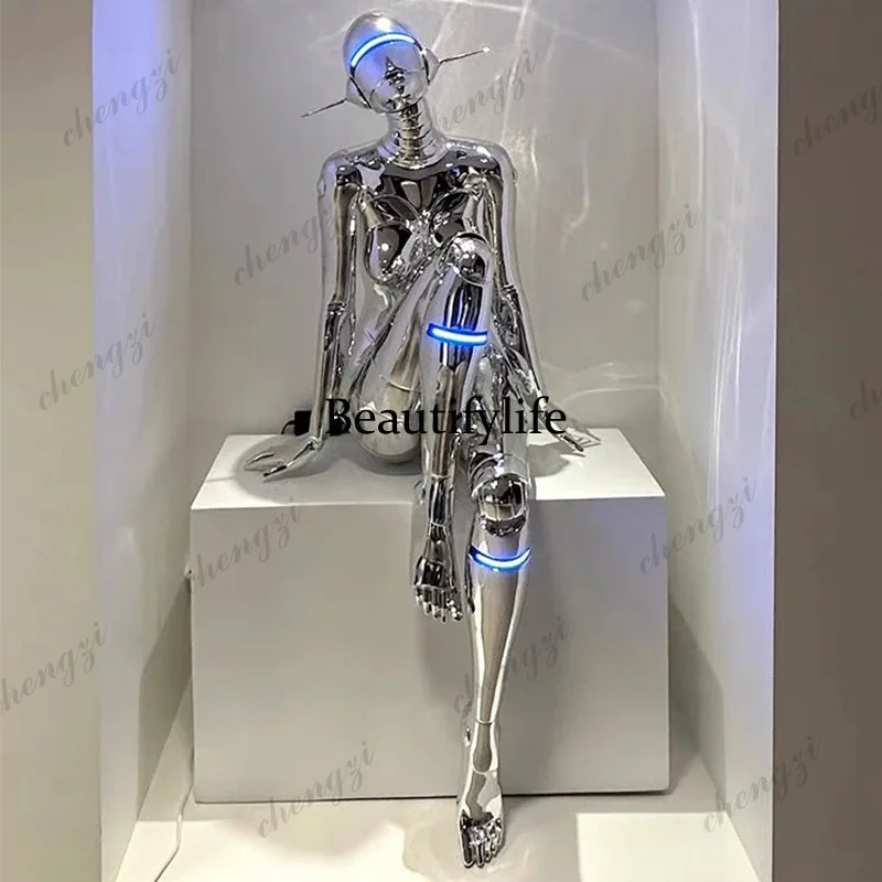 A74 futuristic mechanical Ji humanoid sitting statue electroplated appearance floor lamp punk style art decorative ornament
