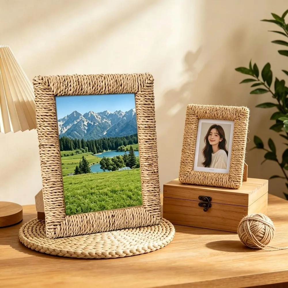4×6 / 5×7 inch Rattan Picture Frame Handmade Rustic Wicker Picture Frame Natural Boho Style Farmhouse Picture Frame Home Decor