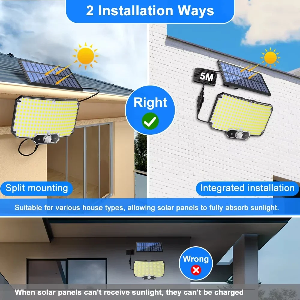 Solar Light Outdoor Super Bright Motion Sensor Solar Strong Power LED Garden Wall Lamp IP65 Waterproof 3 Working Mode