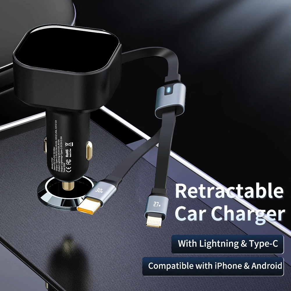 New Retractable Line Mobile Phone Car Charger Cigarette End Port Car Charging Point Super Fast Charging Xiaomi Huawei Apple 15