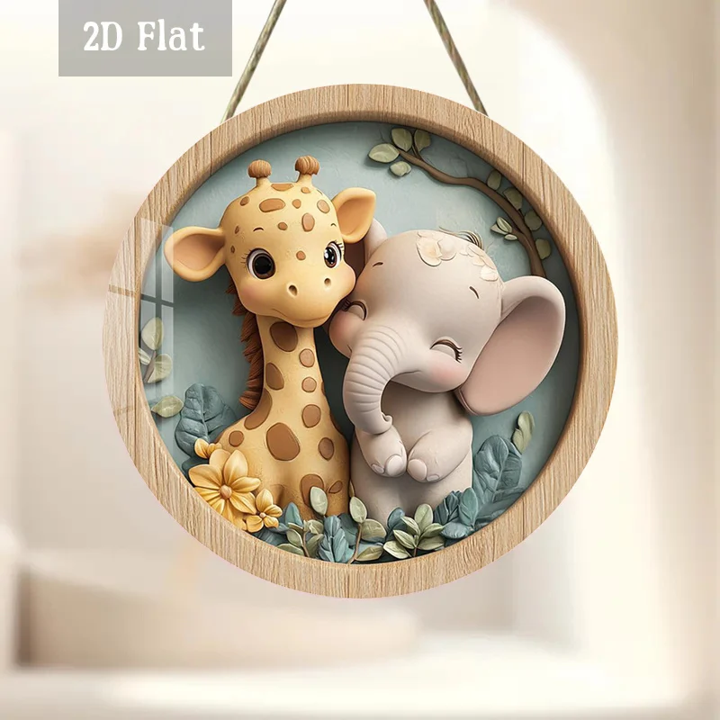 2D Flat, 1pc Adorable Animals Round Wood Panel Painting, Gentle Giraffe Wood Panel Painting, Sweet Elephant Wall Art - Wooden Fr