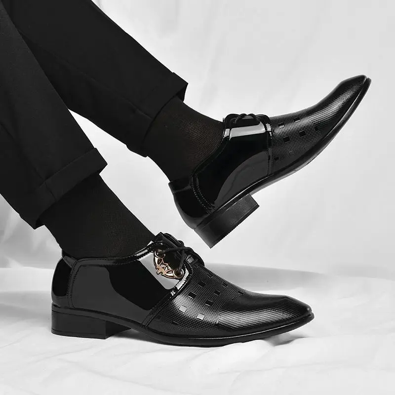 Mens Leather Formal Shoes Young Business Casual Lace Up Pointed Toe Invisible Elevator Wedding Dress Shoes Black