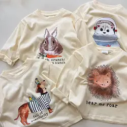 T-shirt à manches longues imprimé animal de dessin animé pour enfants, pull décontracté mignon pour bébé, sweat-shirt en coton doux pour garçons et filles