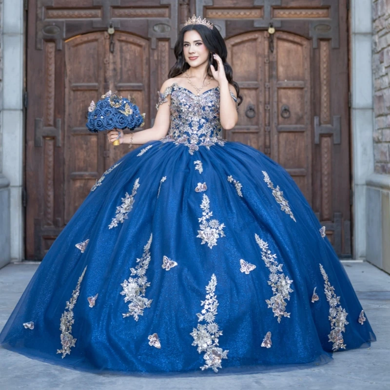 

Royal Blue Shiny Quinceanera Dresses Ball Gown Off The Shoulder Applique Bow Beading Tull Sweet 16 Dress Vestidos 15 De Anos