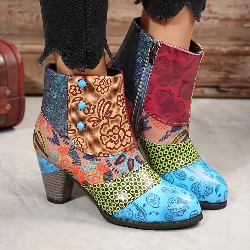 Vintage Women Boots 2026 New Bohemian Female Retro Printed Buckle Soft Zipper Ankle Boots Women Botines Mujer Botas Feminino