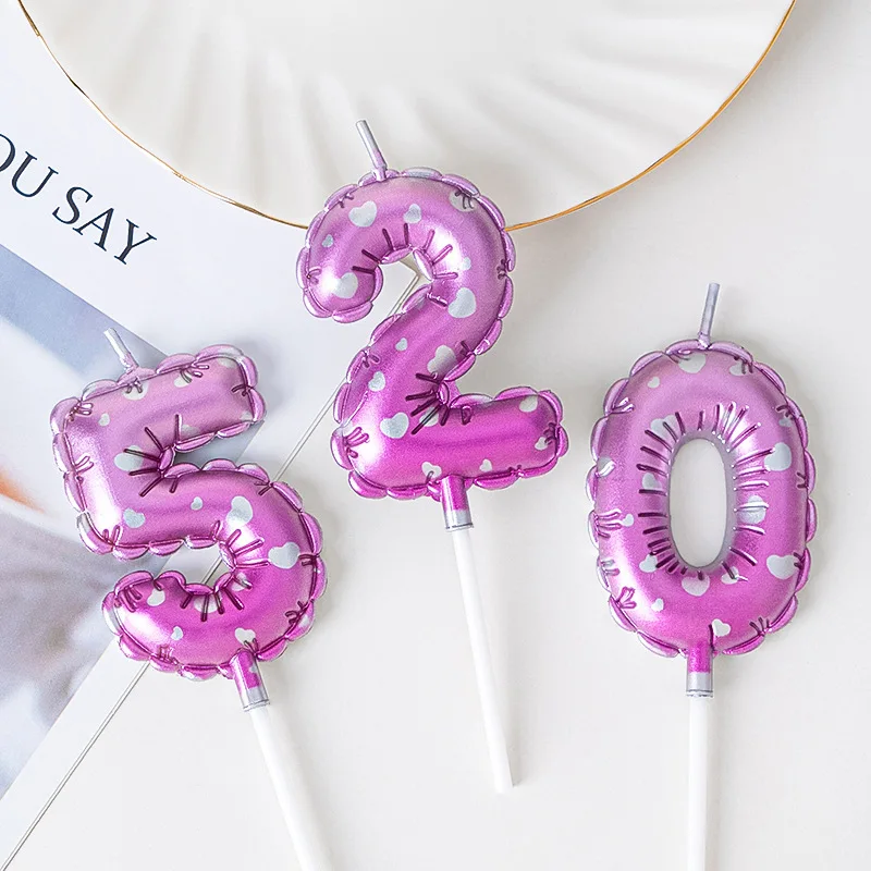 Pink Love Balloon Birthday Candles Birthday Cake Top Cover Number 0-9 Digital Candles Wedding Cake Party Decoration Accessories