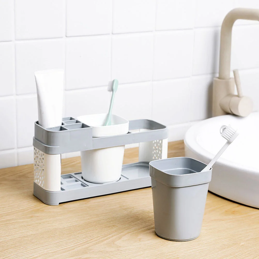 

Toothbrush Holder Set Multifunction Desktop Bathroom Organizer Rack For Home Hotel Grey White Plastic Cup Shelf Storage Solution