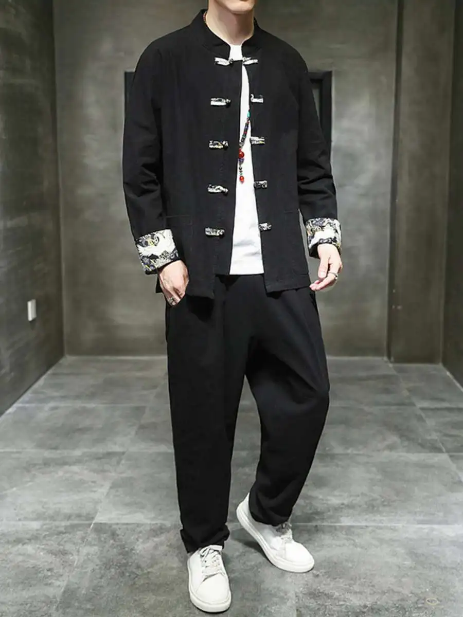 

Новый весенний мужской комплект в древнекитайском стиле: молодежный хлопковый костюм Тан с длинными рукавами, традиционная китайская одежда