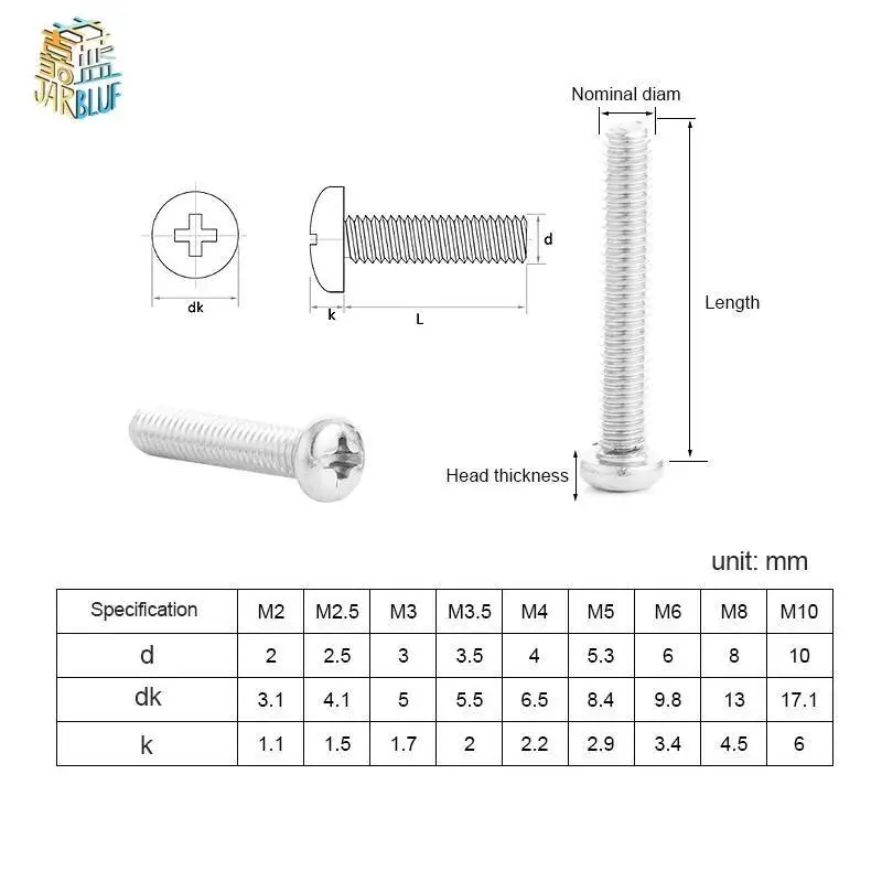 Tornillos Phillips de cabeza redonda empotrada cruzada de acero inoxidable 100, M1, M1.2, M1.4, M1.6, M2, M2.5, M3, M4, DIN7985, GB818, 20-304 Uds.