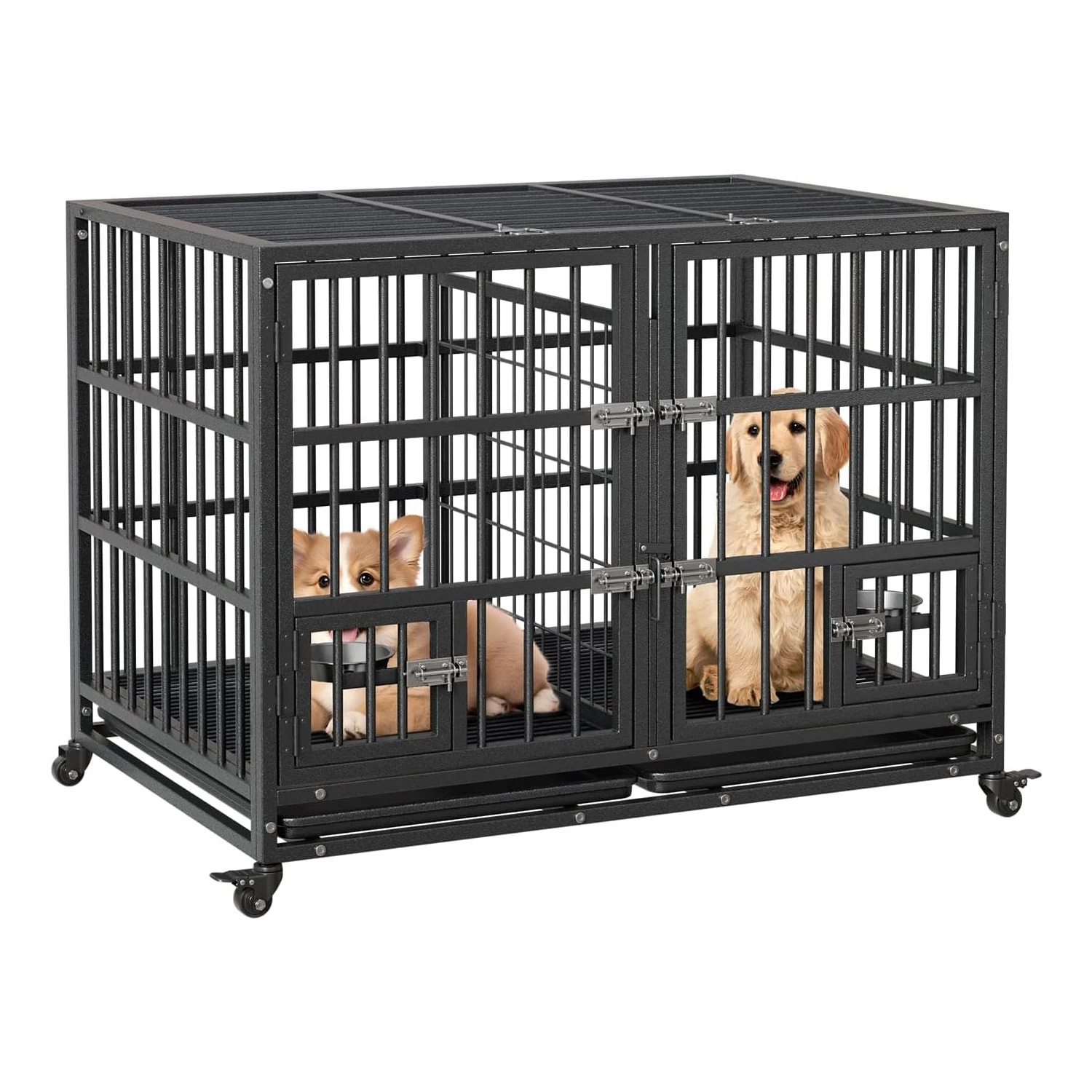 Heavy Duty 48-Inch Metal Dog Crate – Sliding Rail, Double Doors, Removable Tray, Divider, Lockable Wheels, Food Bowl – Escape-Proof Indoor/Outdoor Kennel for Large & Medium Dogs