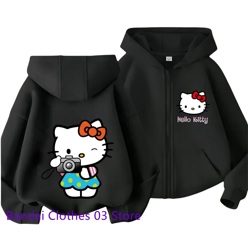 Hot Hello Kitty New Pin Zipper Hoodie Girls Sweatshirt Autumn/Winter Long Sleeve Jacket Harajuku Jumper Pin Casual Hoodie Top