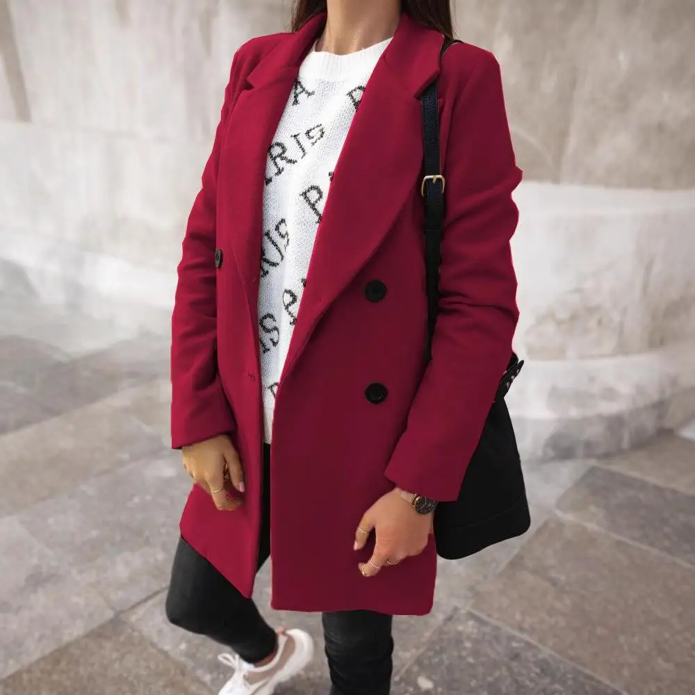 

Double Row Suit Collar Woolen Coat Long Sved Thiened Polyester Fiber Pure Color Long Sve Women's Faion Spring Outerwear
