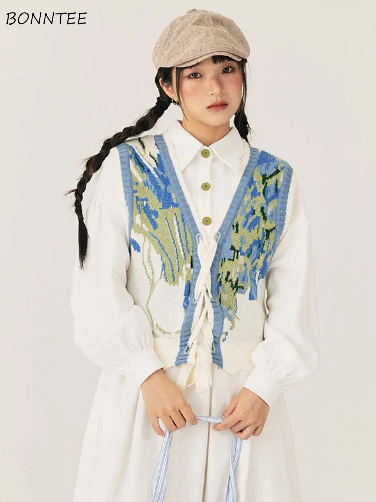 

Осенний свитер с принтом, жилет для женщин, винтажная нежная девичья жилетка на шнуровке во французском стиле, студенческая универсальная одежда High Street