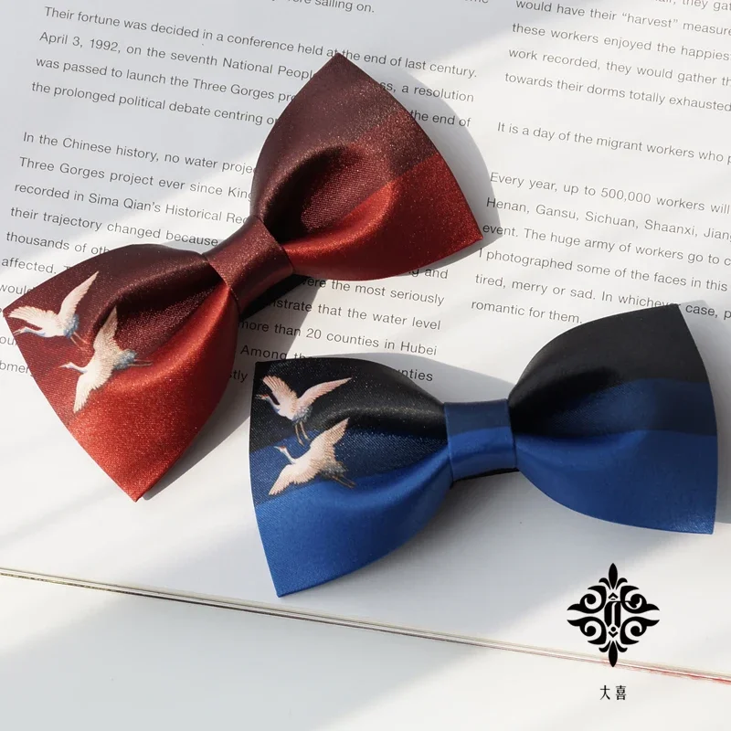 Printed bow tie burgundy dark blue gradual change men and women British white crane fairy ancient style brothers wedding 1 piece