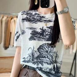 Spring Summer Women Wool Silk Tees Sweater Short-sleeved Ladies O-neck T-shirt Pullover Casual Knit Graffiti Pattern Soft Top