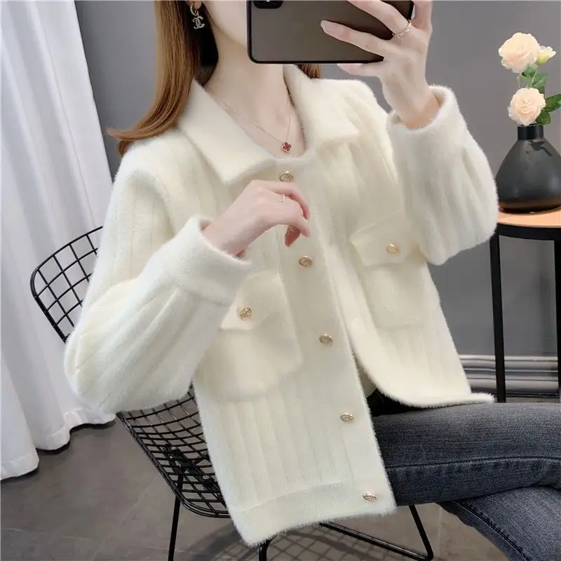 Autumn Winter Women's Clothing Long Sleeve Turn-down Collar Solid Color Button Cardigan Coats Casual Office Lady Korean Tops