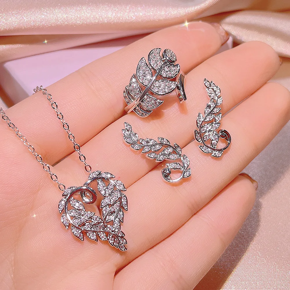 925 Silver Micro zircon Earrings Necklace Leaf Love Heart Zircon Ring Feminine Fashion Three-piece Set Party Birthday Jewelry