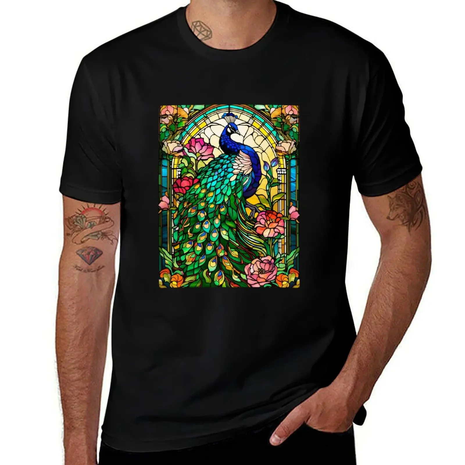 

Peacock stained glass T-Shirt t shirt custom print t shirts for man graphic tees t shirt personalised T-Shirt