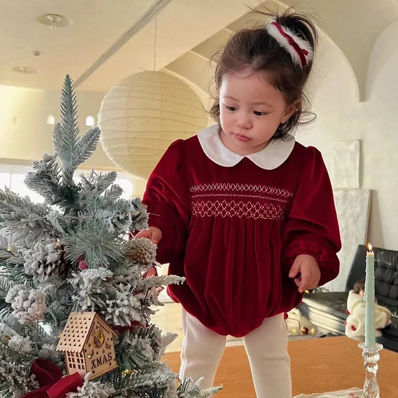 2023 Weihnachten 0-24 M Baby Mädchen Overall Casual Bogen Gestickte Lange Ärmel Neugeborenen Strampler Weihnachten Party Kleinkind nette Kleidung – Detail 14