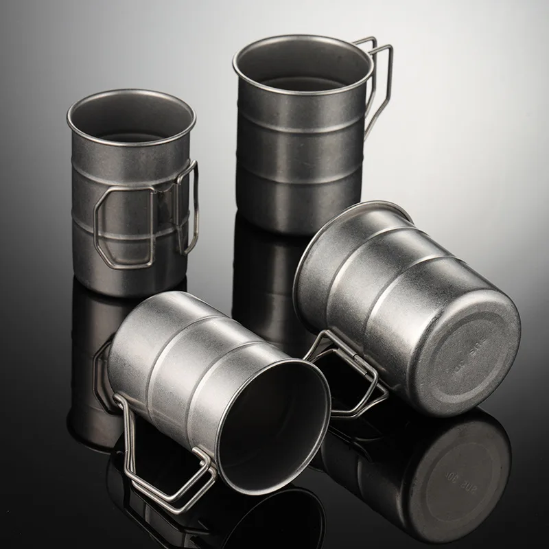 الرجعية الفولاذ المقاوم للصدأ التخييم في الهواء الطلق أكواب مياه أكواب البيرة للطي مقبض النفط برميل شكل أكواب القهوة سعيدا إلى الأصدقاء #5
