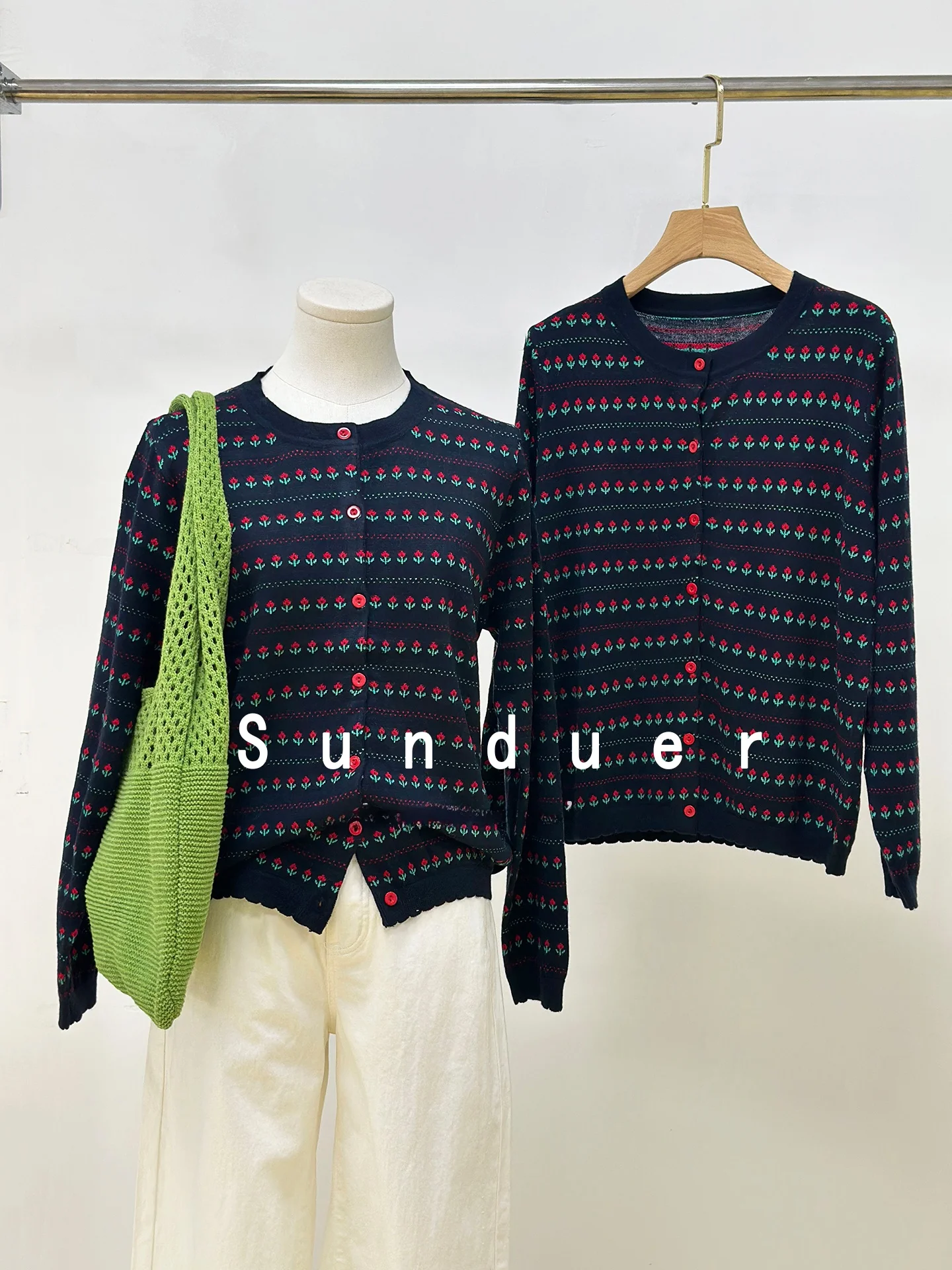 

Faionable Anti-Aging Fair Isle Knitted Cardigan Women's Early Autumn New Sle Elegance Flower Embroidery Outerwear Top