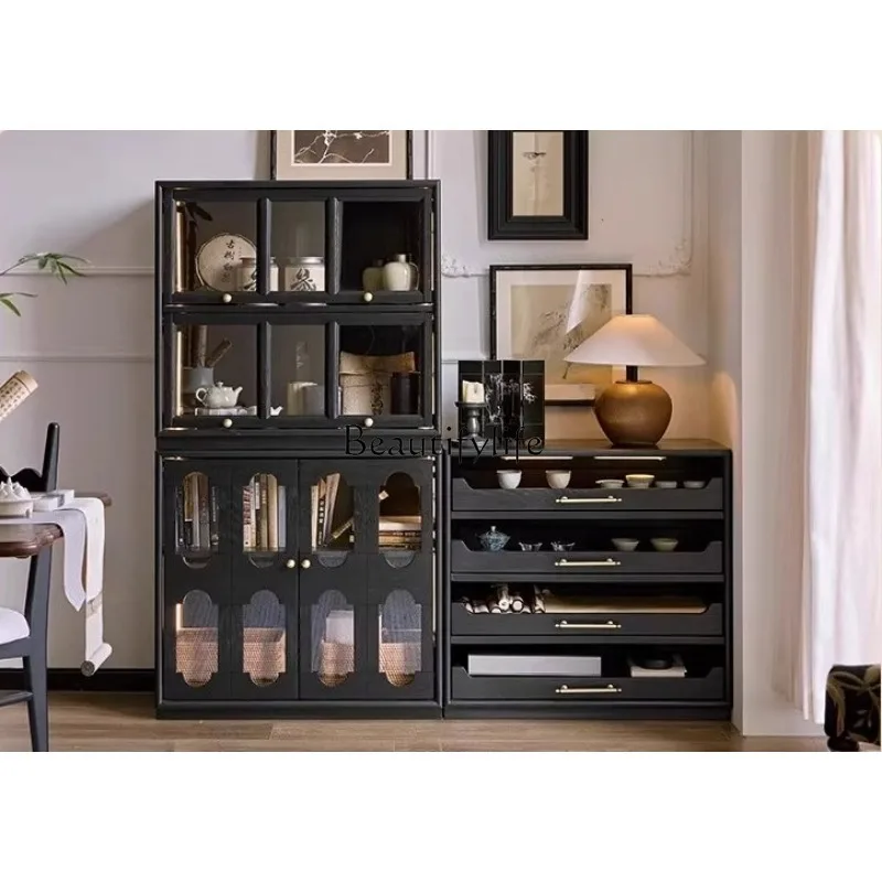 

French retro living room balcony tea room tea cabinet 2025 new dining side locker black