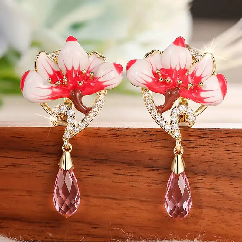 Huitan Sweet Flower Design Women Drop Earrings Fresh Style Elegant Accessories for Party Daily Jewelry Inlaid Shiny Pink CZ