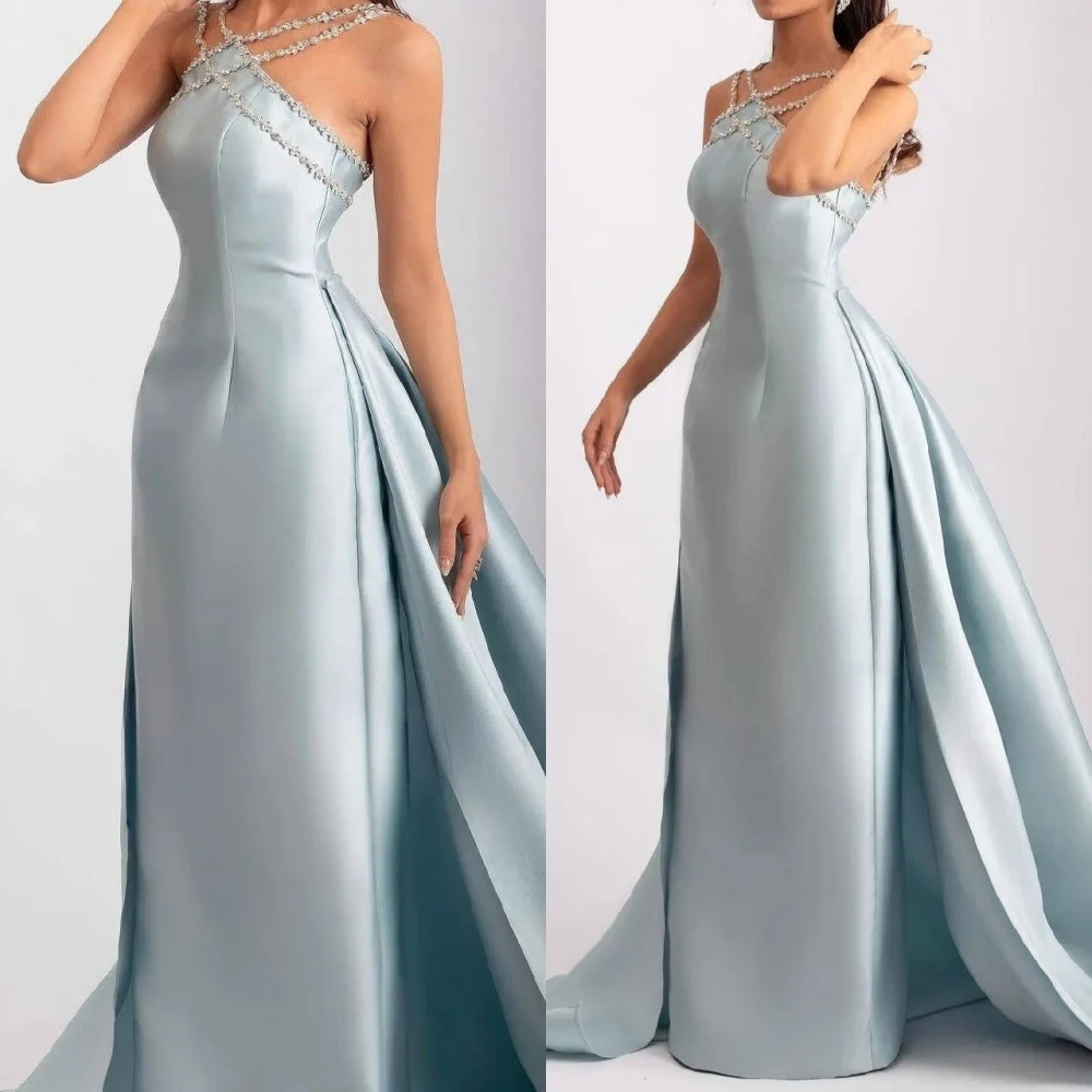 

Sparkle Exquisite High Quality Satin Beading Draped Pleat Valentine's Day A-line Halter Bespoke Occasion Gown Long Dresses