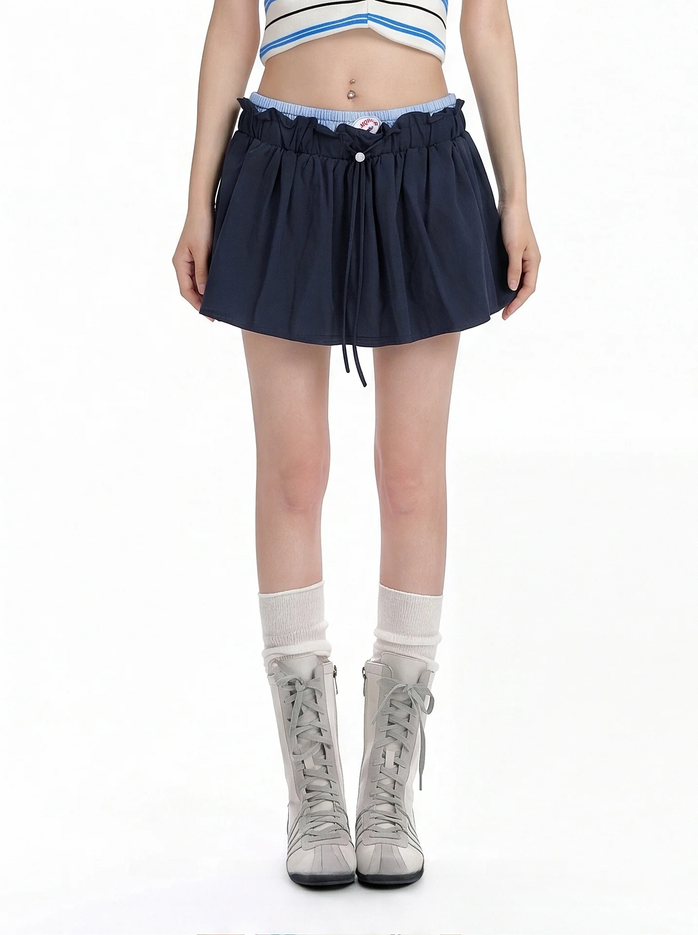 American Korean Style High Waist Drawstring Casual Half Skirt Women Summer Fake Two-Piece A-Line Slim Cake Skirt Short Skirt