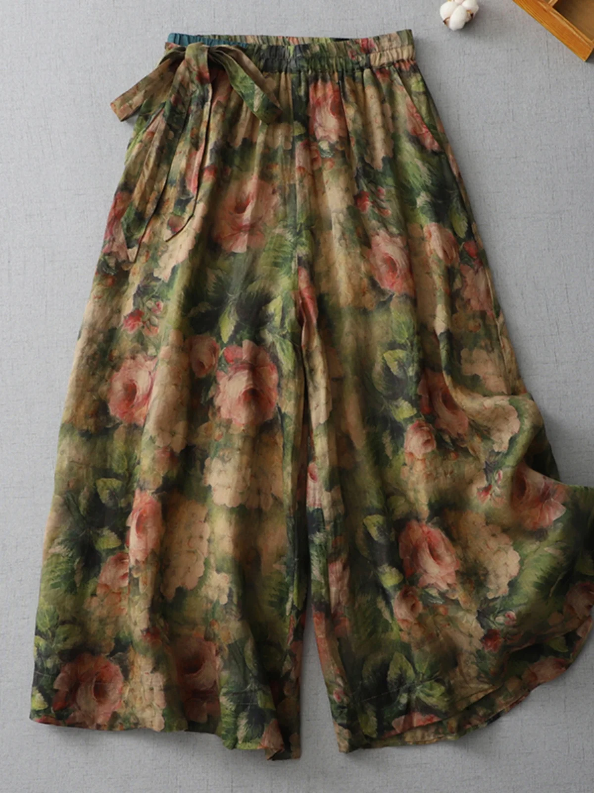 Pantalones de pierna ancha de lino y algodón con estampado Retro, falda para mujer, cintura elástica, pantalones holgados finos informales de lino de nueve puntos