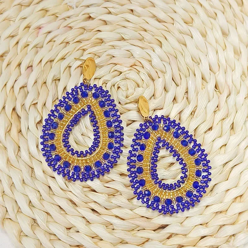 Beaded earrings Water drop Originality Female Hollow out Crystal Hand knitting Bohemia Alloy Tide Simple Rice bead earrings