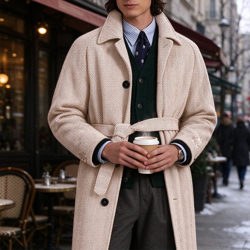 British Style Men's Herringbone Pattern Wool Coat Lapel Collar Belt Waist Long Overcoat Autumn Winter Casual Business Outerwear