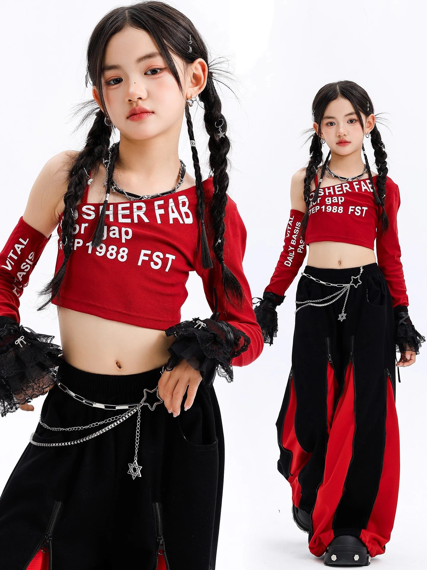 

Новая одежда для джазовых танцев для девочек, костюм в стиле хип-хоп Kpop, топы с красным пупком, мешковатые брюки, модная уличная одежда, модная одежда для подиума BL17143