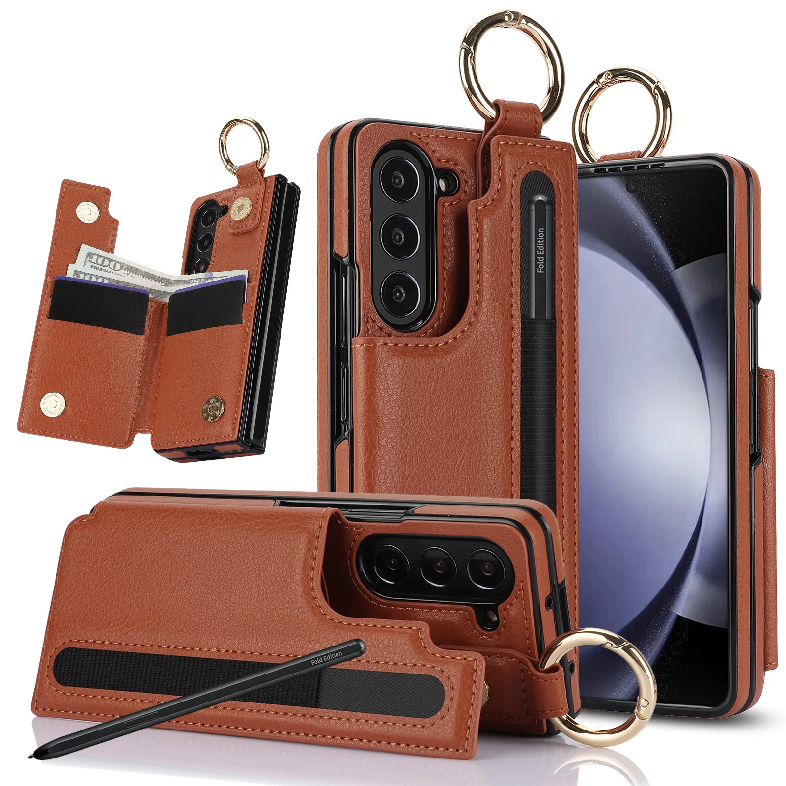 

For Samsung Galaxy Z Fold 6 5 4 3 Case Ring Plain Leather Card Packet with Pen Slot Fliping Bracket Shockproof Cover Accessory