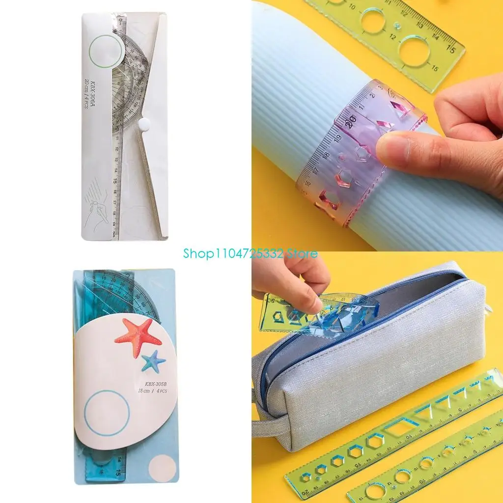 

P5EA Portable Math Drafting Tool Plastic Rulers Set Bendable Anti-break for Kids Teen