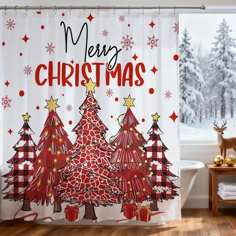 White Red Plaid Christmas Tree Snowflake Shower Curtain Bathroom Decor No Drilling 12 Hooks Included