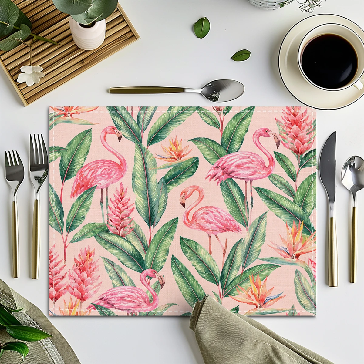 Cute Flamingo & Hibiscus Pattern Polyester Placemats & Coasters - Decorative Table Linens for Dining Room, Kitchen & Party Use