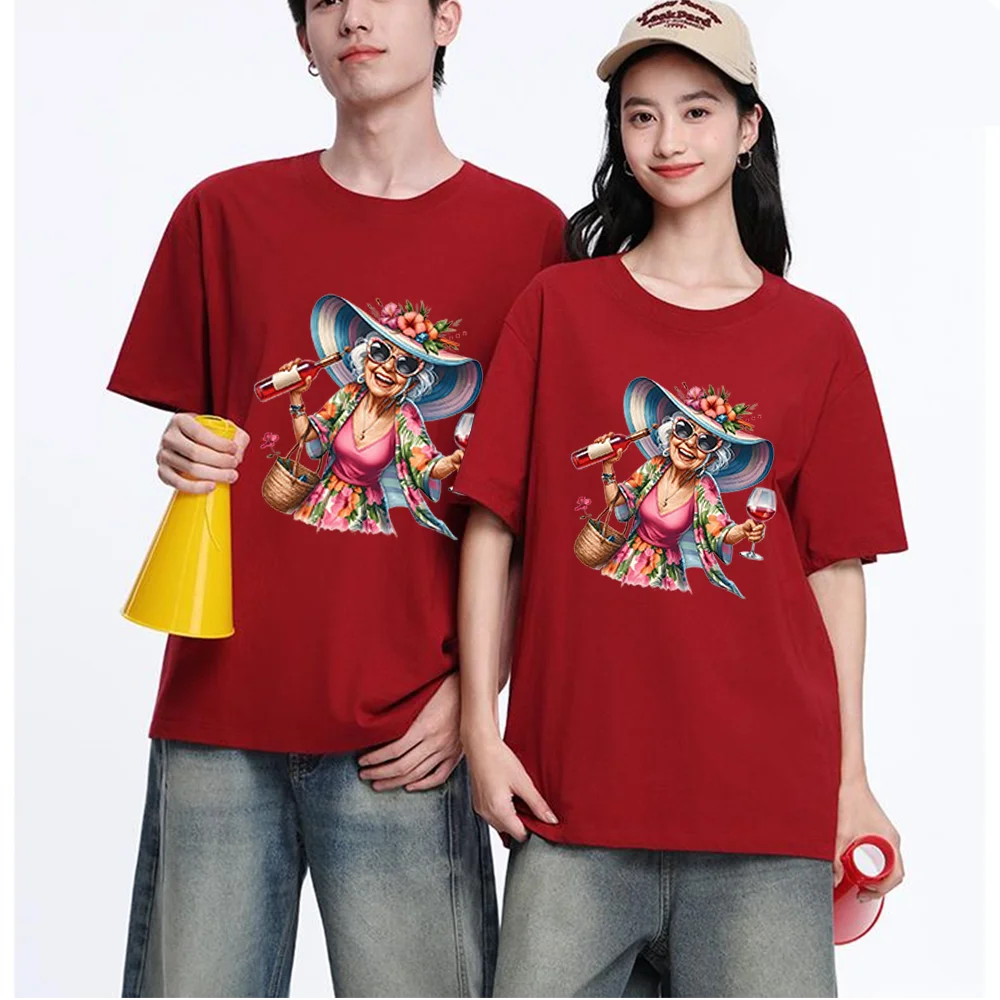 Elderly Woman With Wine Glass And Bottle Printed T Shirt Breathable Fabric S-XXL Personalized Custom T Shirt Casual Short Sleeve